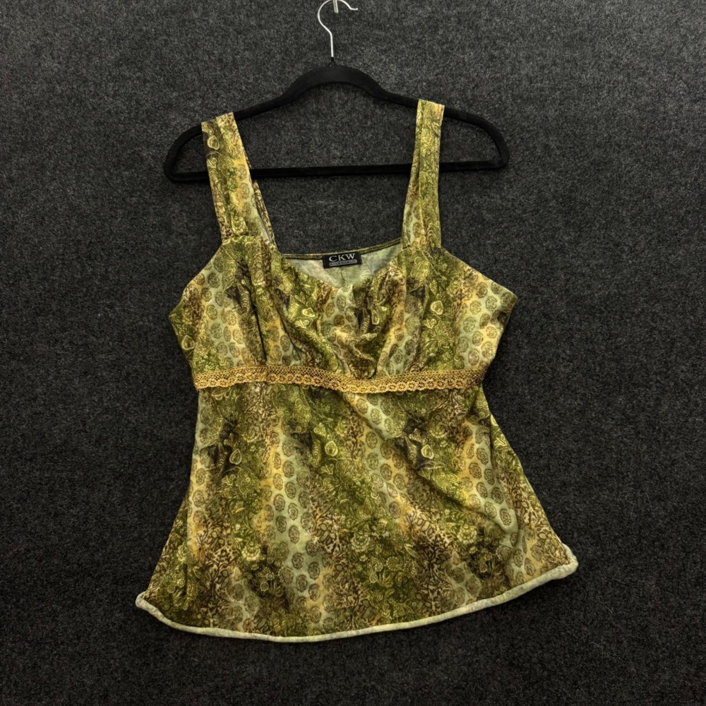 Vintage CKW Crew Knit Wear Green Paisley Empire Waist Tank Top XL Made in USA